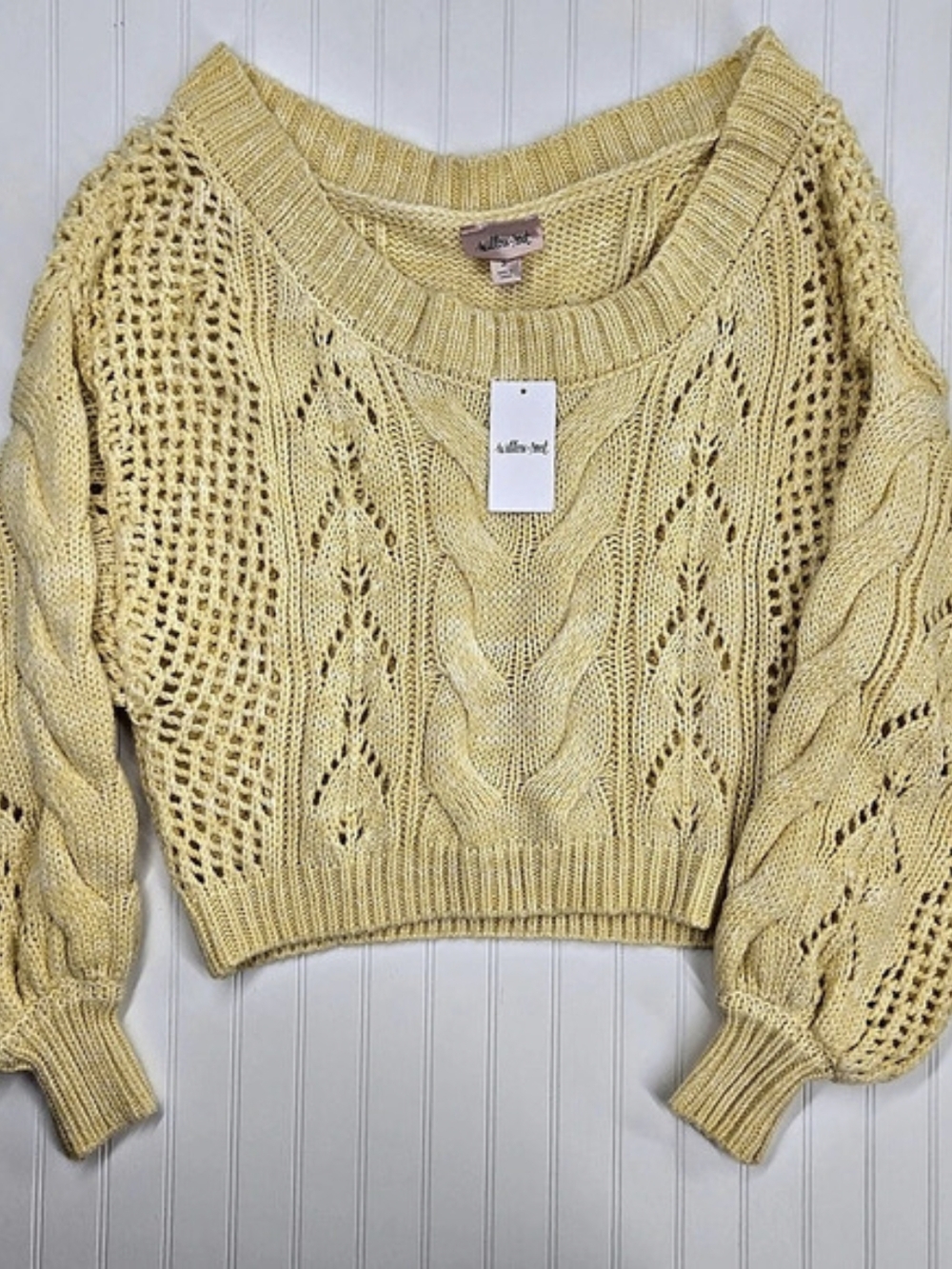 Willow & Root Yellow Cable Knit Off Shoulder Cropped Sweater Small NWT Buckle